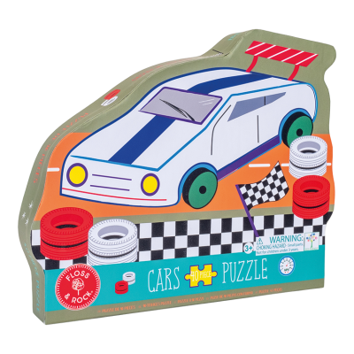 Caixa de puzzle infantil em forma de carro de corrida branco e azul com texto em inglês e acessórios de corrida desenhados