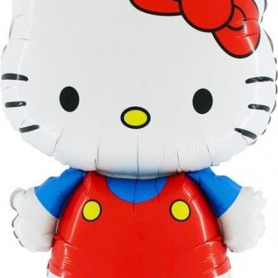 Balão metálico em forma da Hello Kitty com roupa vermelha e azul.
