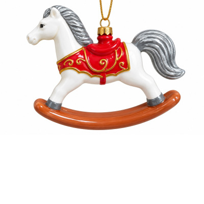 Boneco decorativo de cavalo de baloiço branco com sela vermelha e detalhes dourados