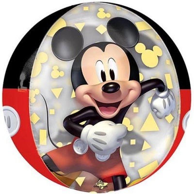 Bola de praia com imagem do Mickey Mouse em fundo cinza e vermelho com padrões amarelos.