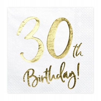 Guardanapo branco com texto dourado '30th Birthday!'