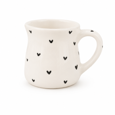 Caneca branca de cerâmica com corações pretos