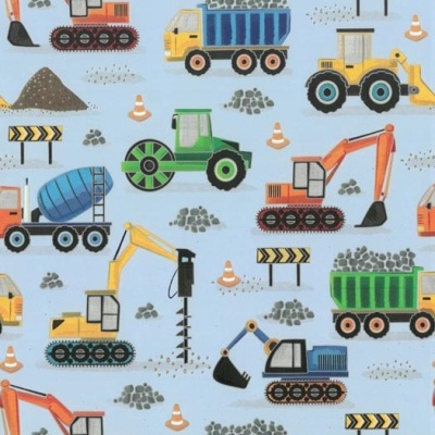 Pano padrão veículos construção coloridos com cones e sinais em fundo azul claro