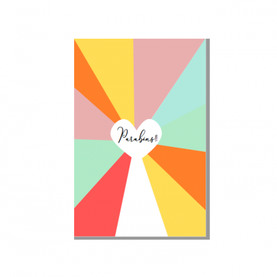 Cartão colorido com coração e texto Parabéns