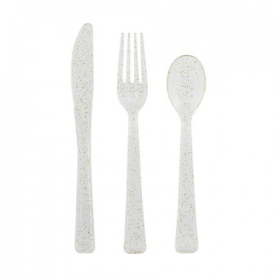 Conjunto de talheres reutilizáveis brancos com pontos dourados