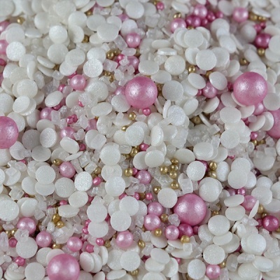 Confetis e esferas decorativas para bolos em tons brancos, rosa e dourado
