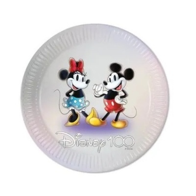 Prato descartável com imagem de Minnie e Mickey Mouse e texto Disney 100