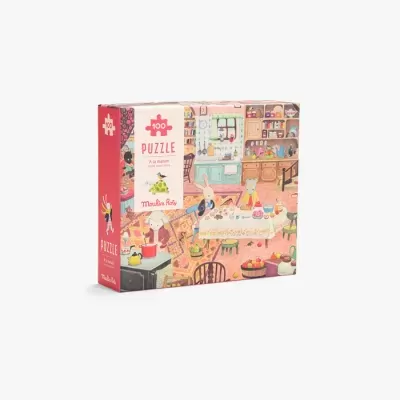 Embalagem de puzzle com 100 peças e ilustração de animais numa cozinha