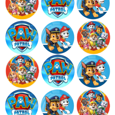 Círculos decorativos com personagens da série 'PAW PATROL' e texto colorido