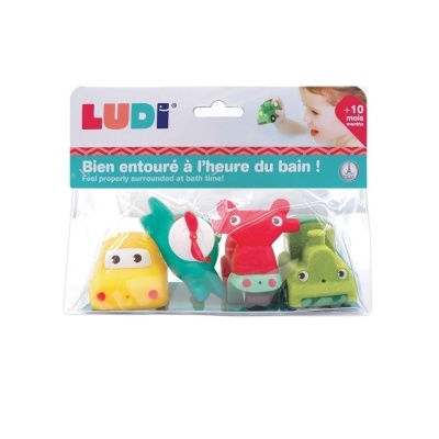 Brinquedos de banho LUDI coloridos em embalagem transparente com rótulo