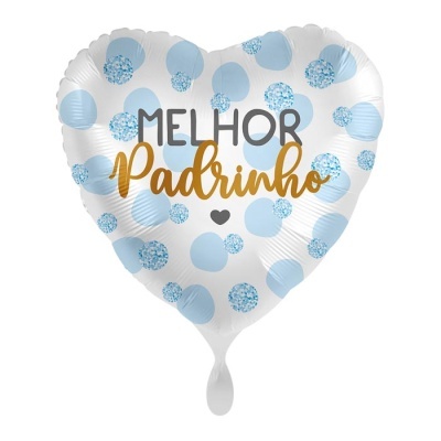 Balão branco em forma de coração com bolinhas azuis e texto MELHOR Padrinho