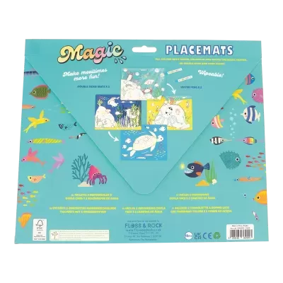 Embalagem azul com peixes coloridos e texto Magic Placemats