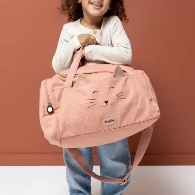 Mala de viagem rosa com rosto de gato bordado