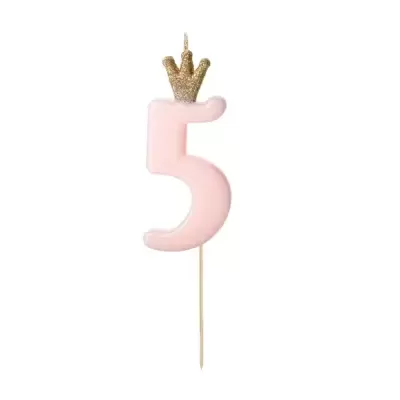 Vela de aniversário cor-de-rosa número 5 com coroa dourada