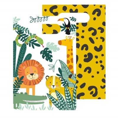 Dois sacos de plástico com desenhos de animais da selva e padrão amarelo com manchas pretas