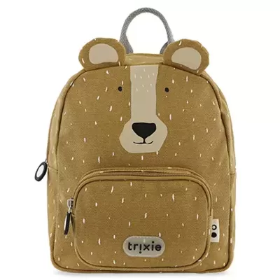 Mochila infantil castanha com desenho de urso e bolso frontal com logo
