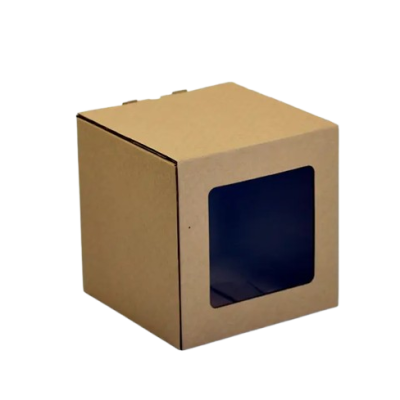 Caixa de papelão castanho com janela azul transparente