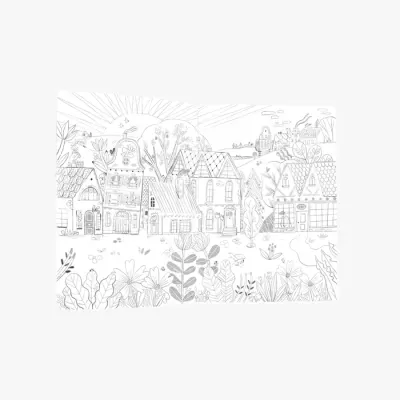 Desenho em preto e branco de aldeia com casas e natureza para colorir