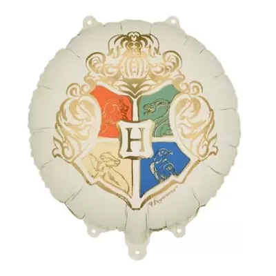 Balão branco redondo com brasão colorido de Hogwarts e letra H no centro