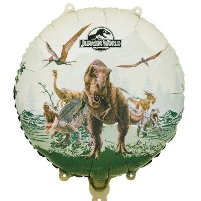 Balão redondo com estampa de dinossauros e logótipo JURASSIC WORLD