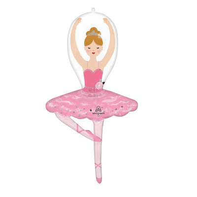 Balão foil forma bailarina rosa com asas brancas e texto anagram