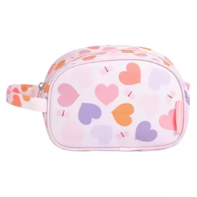Necessaire com padrão de corações coloridos e alça lateral