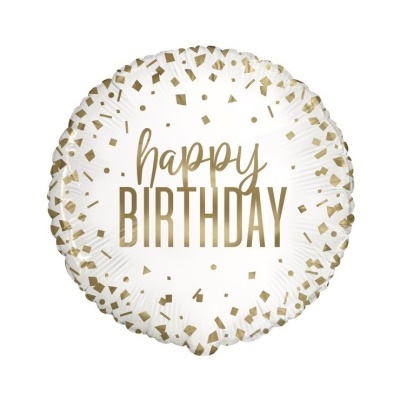 Balão redondo branco com confetes dourados e texto 'happy BIRTHDAY'