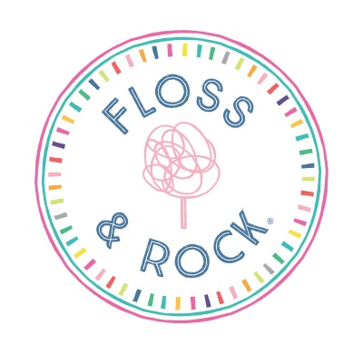 Logótipo circular colorido FLOSS & ROCK com desenho rosa ao centro