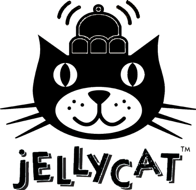 Logótipo de gato com sino e texto jELLYCAT™ em fundo preto