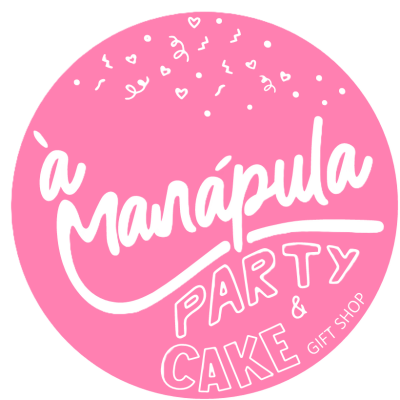 Logótipo redondo rosa com texto 'à Manápula PARTY & CAKE GIFT SHOP' e decoração de corações e confetis