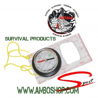 Bússola de navegação com base transparente, cordão amarelo e logotipo de academia de sobrevivência