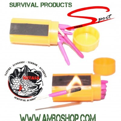 Recipiente amarelo com palitos cor-de-rosa para sobrevivência, um palito aceso, texto e logotipo visíveis