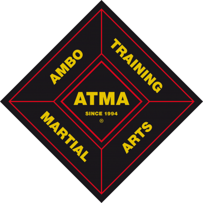 Logótipo de artes marciais com texto amarelo em fundo preto e bordas vermelhas