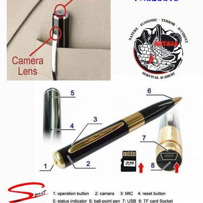 Caneta preta com câmara oculta, botão de gravação e ligação USB, com texto explicativo e logótipo
