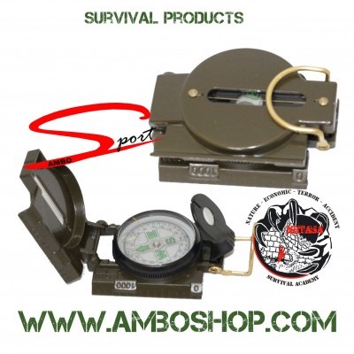 Bússola verde-oliva com tampa e visor, texto SURVIVAL PRODUCTS e WWW.AMBOSHOP.COM