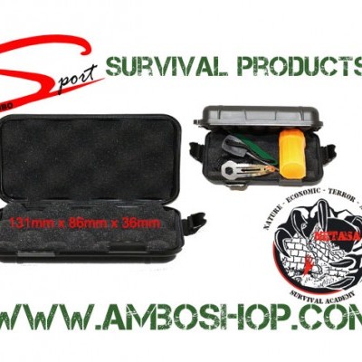Estojo preto de plástico com ferramentas de sobrevivência e texto promocional