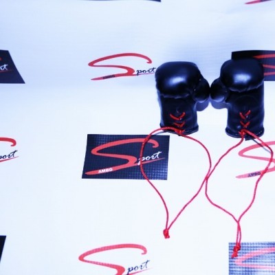 Luvas de boxe pretas com cordões vermelhos sobre fundo branco com logotipos Sspot.