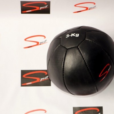 Bola medicinal preta de 3 Kg sobre fundo branco com logos 'Sport'