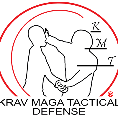 Logótipo de defesa pessoal Krav Maga Tactica com círculos vermelhos e silhuetas a praticar