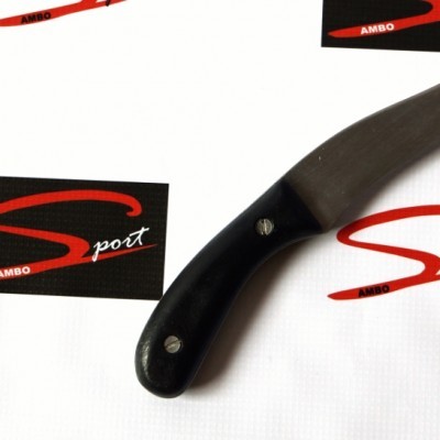 Faca com lâmina prateada e cabo preto sobre fundo branco com etiquetas Sport AMBO