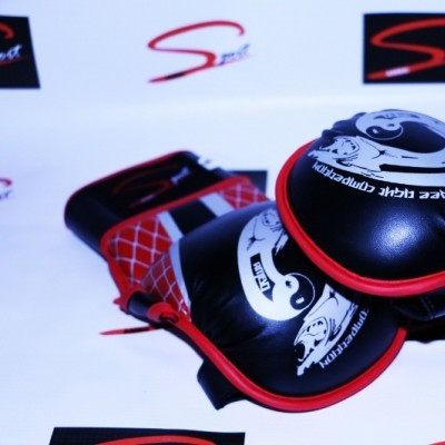 Luvas de boxe pretas e vermelhas com logo de urso e texto 'STATUS TEAM KUBUDO' em fundo branco.