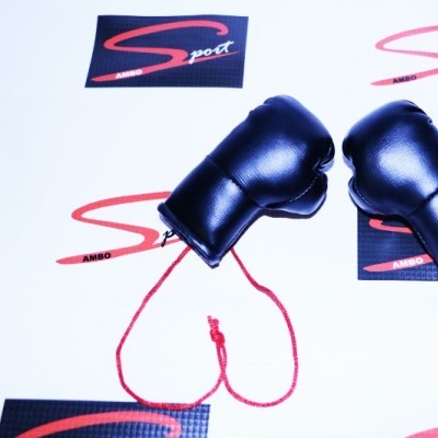 Par de luvas de boxe pretas ligadas por um cordão vermelho sobre superfície branca com logotipos 'Sport'.