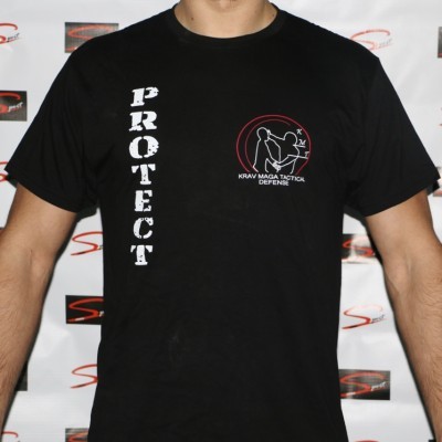 T-shirt preta com texto PROTECT em branco e logotipo KRAV MAGA TACTICAL DEFENSE