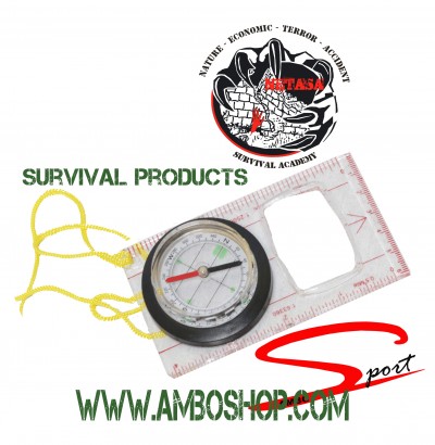 Bússola de navegação com base transparente, cordão amarelo e logotipo de academia de sobrevivência