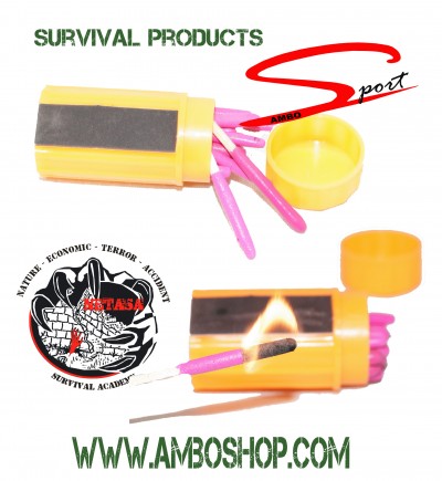 Recipiente amarelo com palitos cor-de-rosa para sobrevivência, um palito aceso, texto e logotipo visíveis