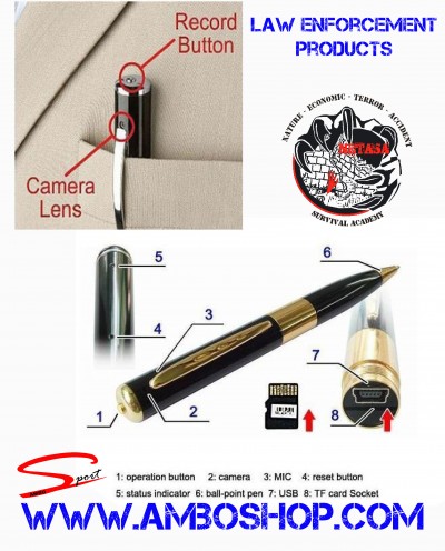 Caneta preta com câmara oculta, botão de gravação e ligação USB, com texto explicativo e logótipo