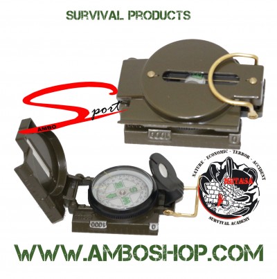 Bússola verde-oliva com tampa e visor, texto SURVIVAL PRODUCTS e WWW.AMBOSHOP.COM