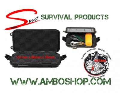 Estojo preto de plástico com ferramentas de sobrevivência e texto promocional