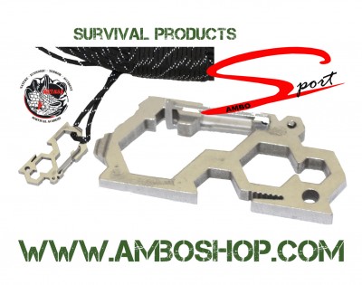 Ferramenta multiusos metálica com cordão e textos promocionais