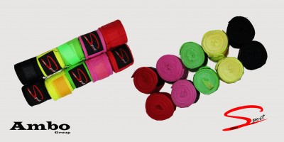 Faixas elásticas coloridas em vários tons com etiquetas pretas, logótipos Ambo Group e Spot no fundo branco